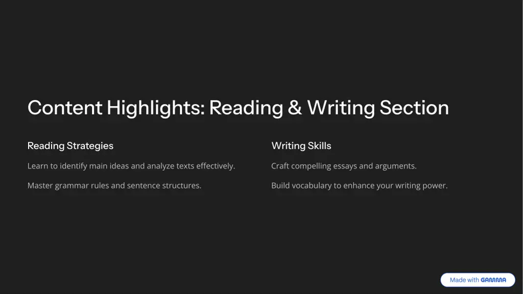 content highlights reading writing section