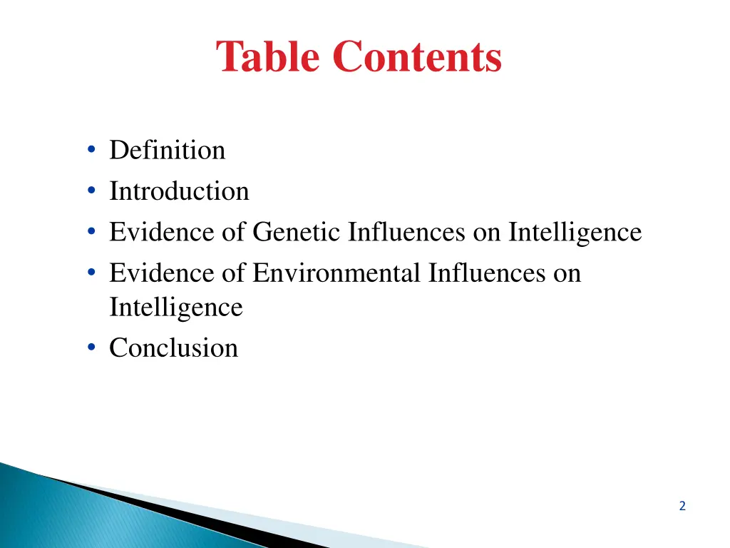 table contents