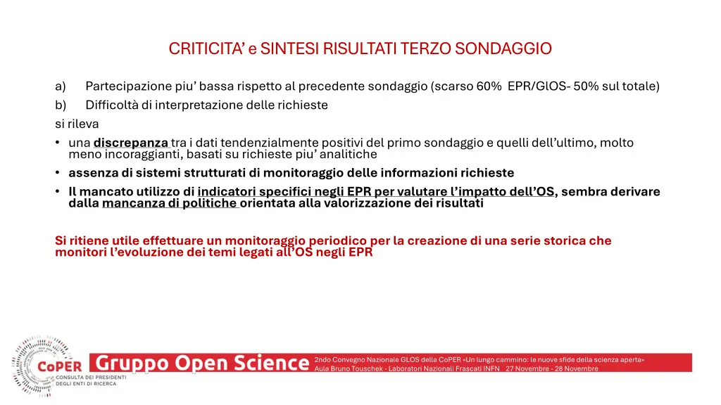 criticita e sintesi risultati terzo sondaggio