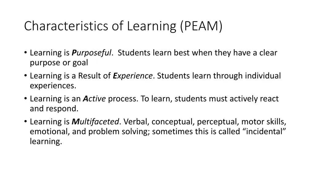 characteristics of learning peam