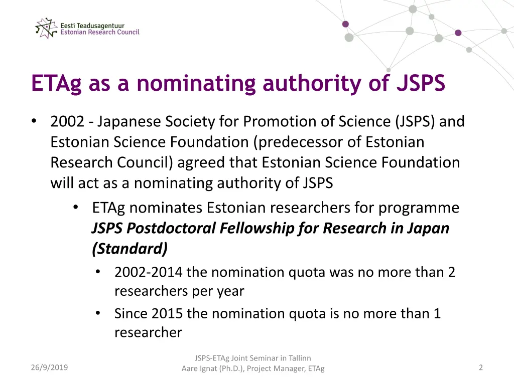 etag as a nominating authority of jsps 1