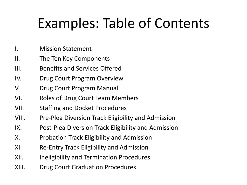 examples table of contents