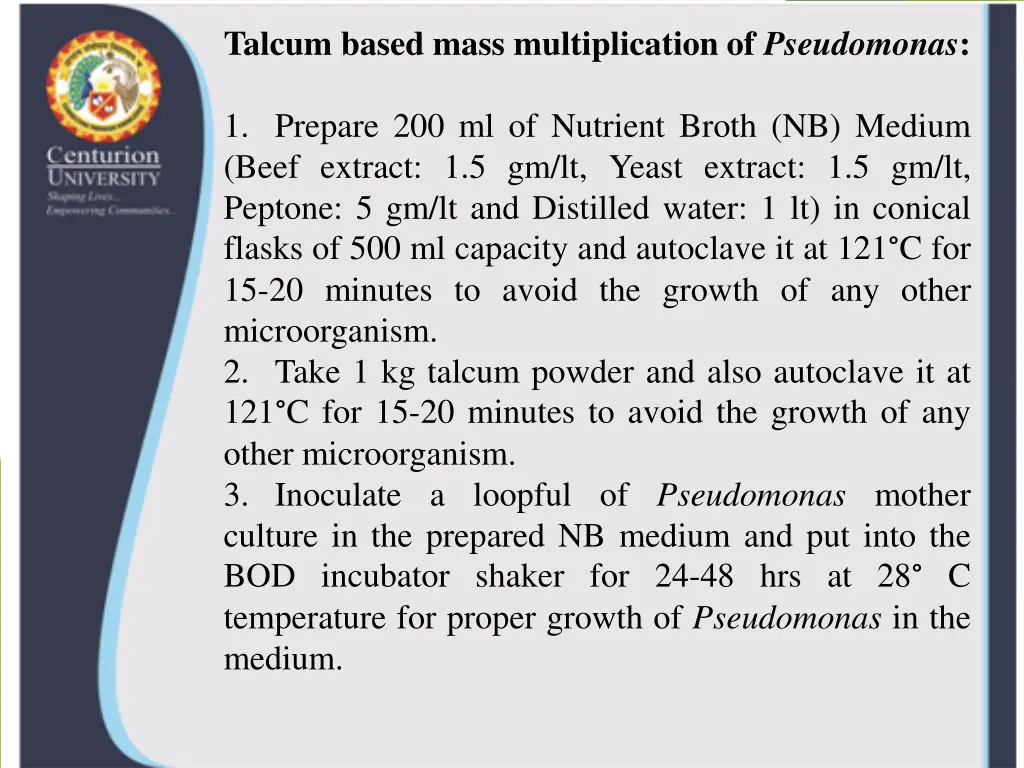 talcum based mass multiplication of pseudomonas