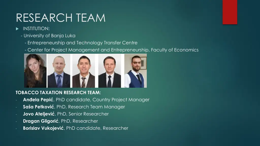 research team institution university of banja