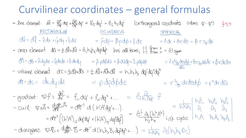 curvilinear coordinates general formulas