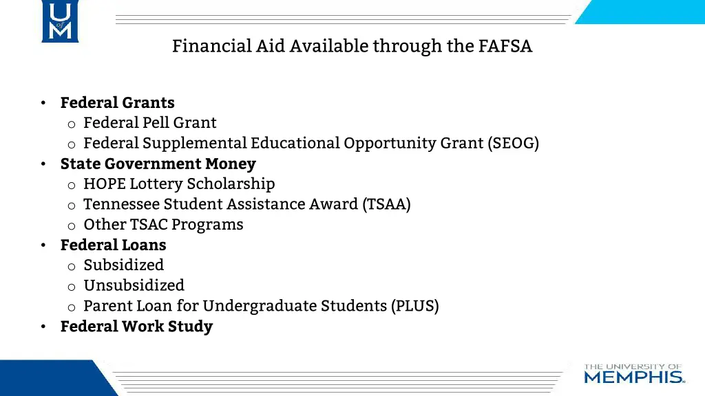financial aid available through the fafsa