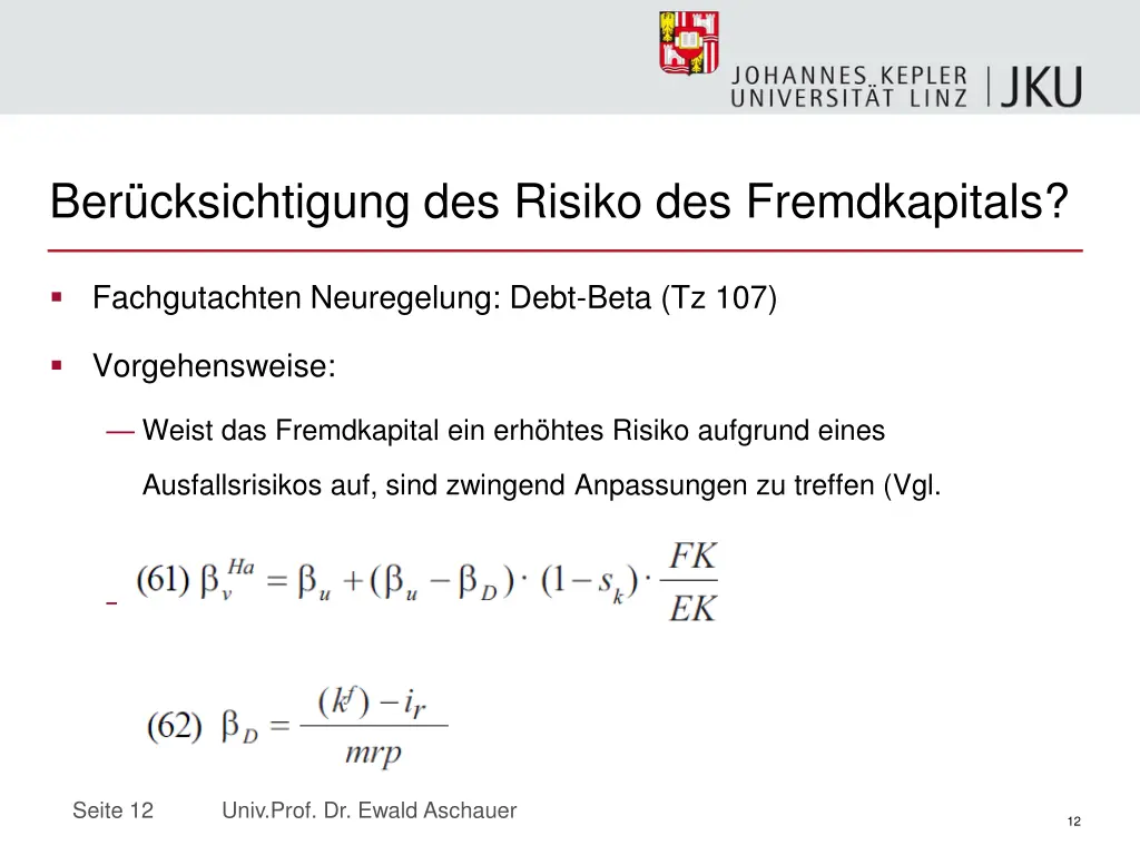 ber cksichtigung des risiko des fremdkapitals