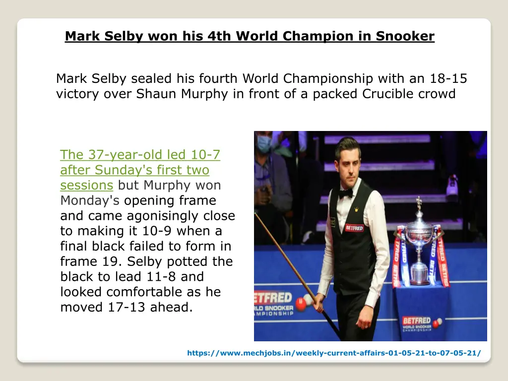 mark selby won his 4th world champion in snooker