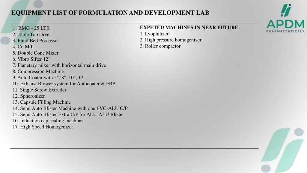 equipment list of formulation and development lab