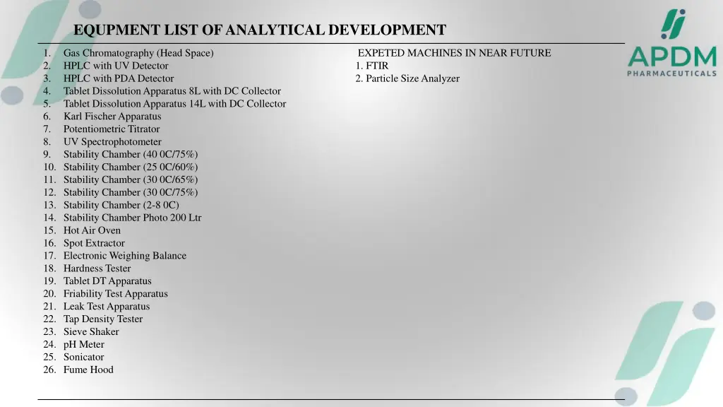 equpment list of analytical development