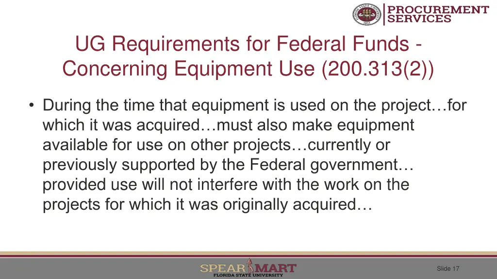 ug requirements for federal funds concerning