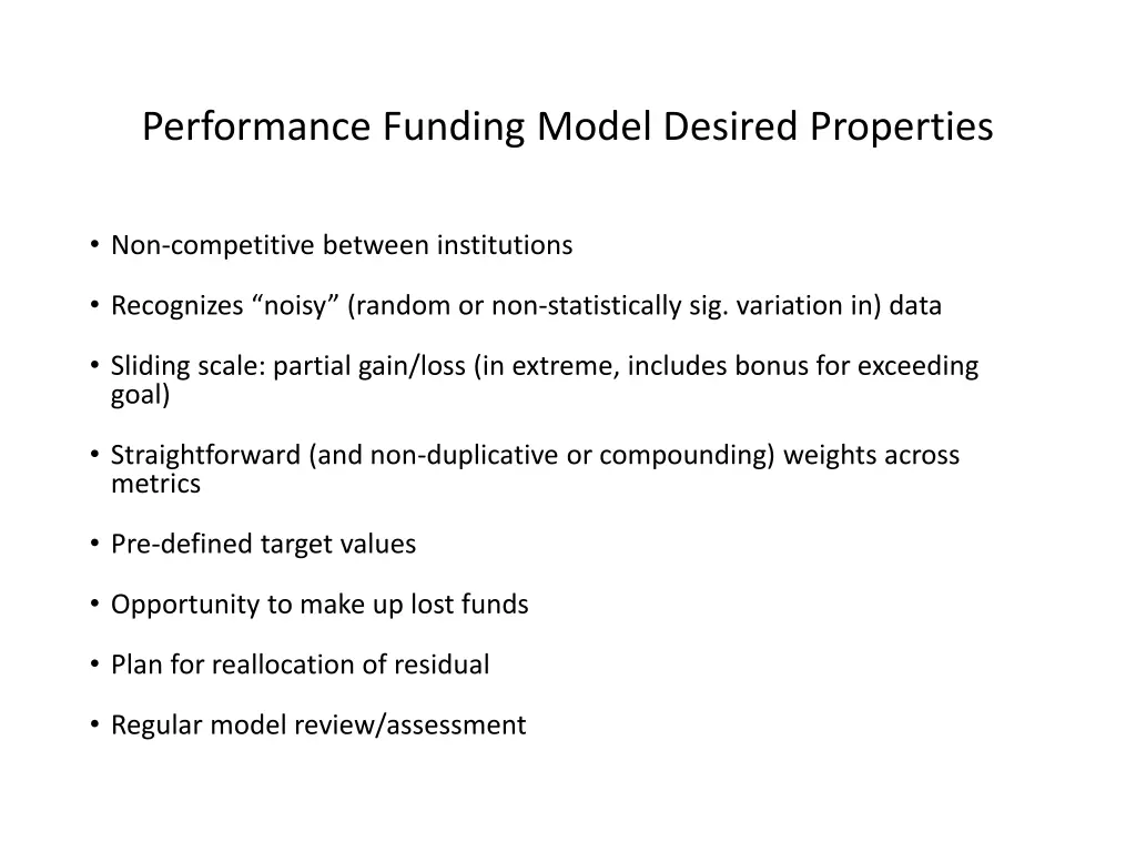 performance funding model desired properties
