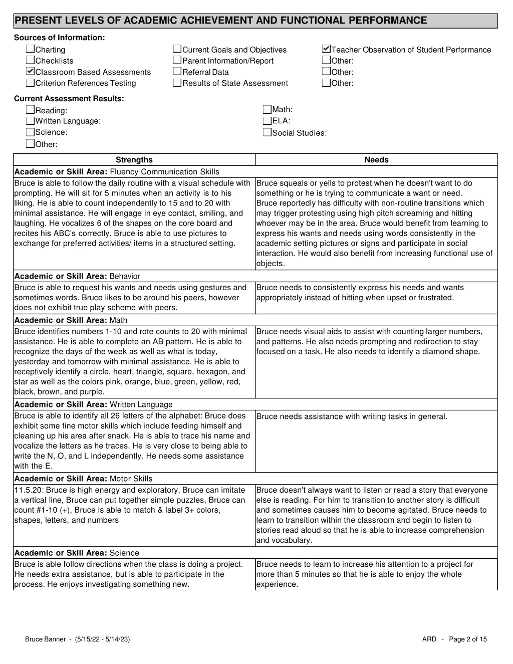 present levels of academic achievement