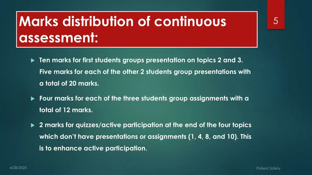 marks distribution of continuous assessment