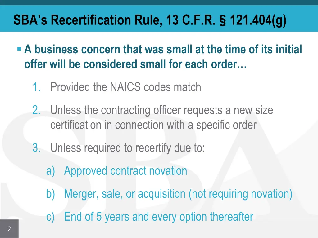 sba s recertification rule 13 c f r