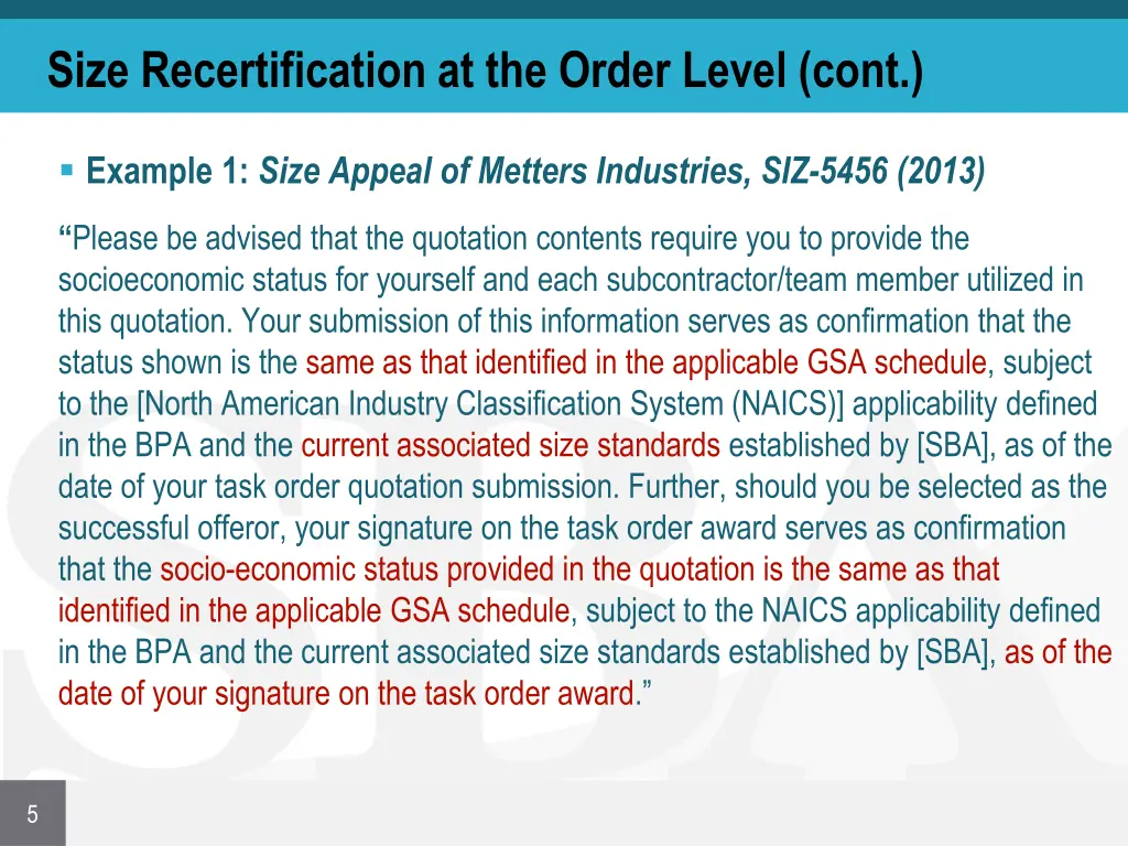 size recertification at the order level cont