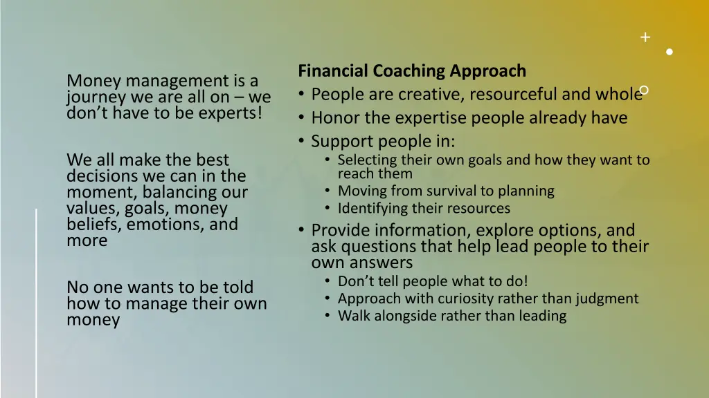 financial coaching approach people are creative