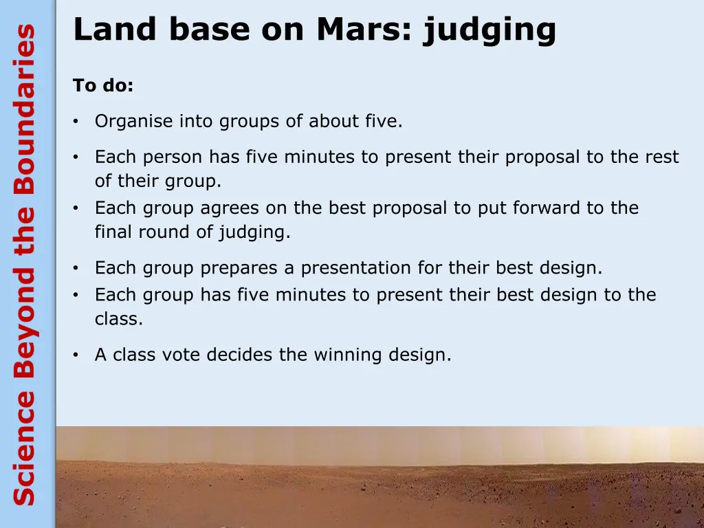 land base on mars judging