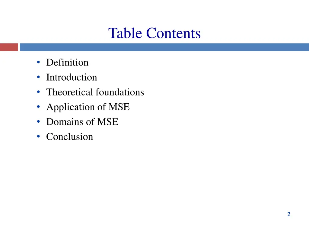 table contents