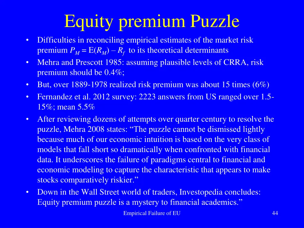 equity premium puzzle difficulties in reconciling