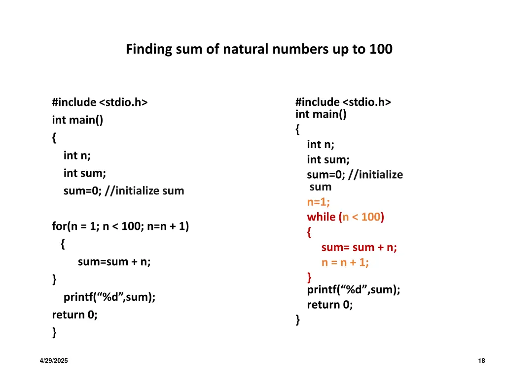 finding sum of natural numbers up to 100 1