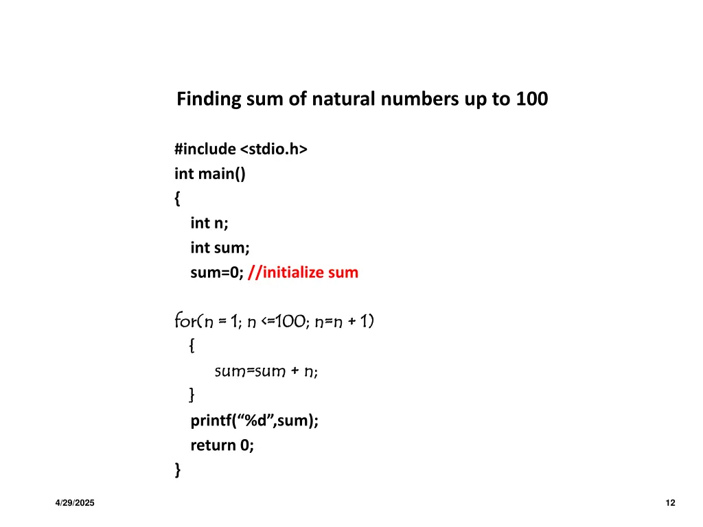 finding sum of natural numbers up to 100