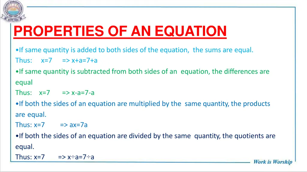 properties of an equation