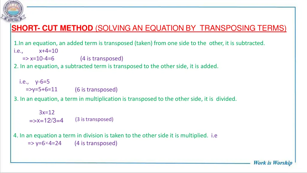 short cut method solving an equation