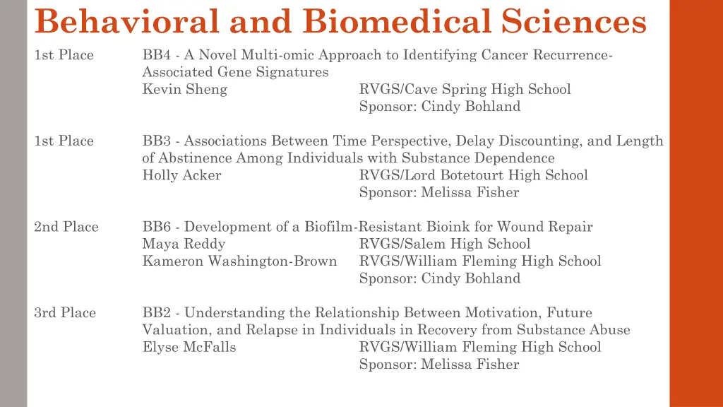 behavioral and biomedical sciences 1st place