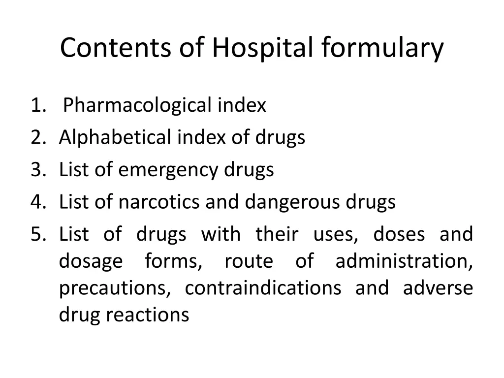 contents of hospital formulary