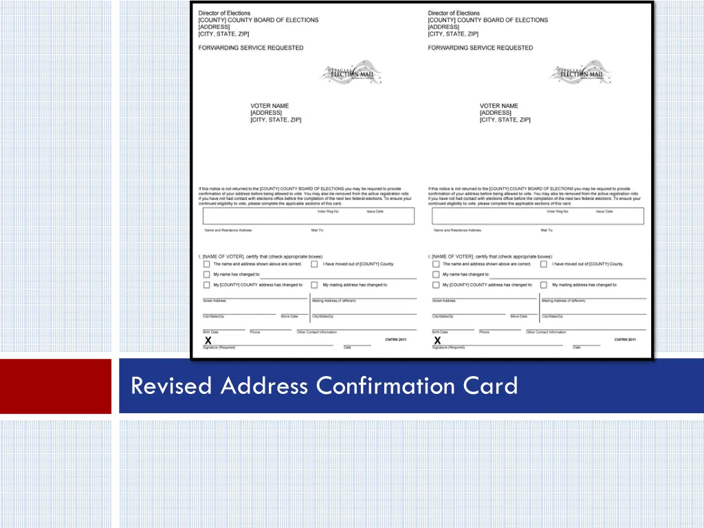 revised address confirmation card