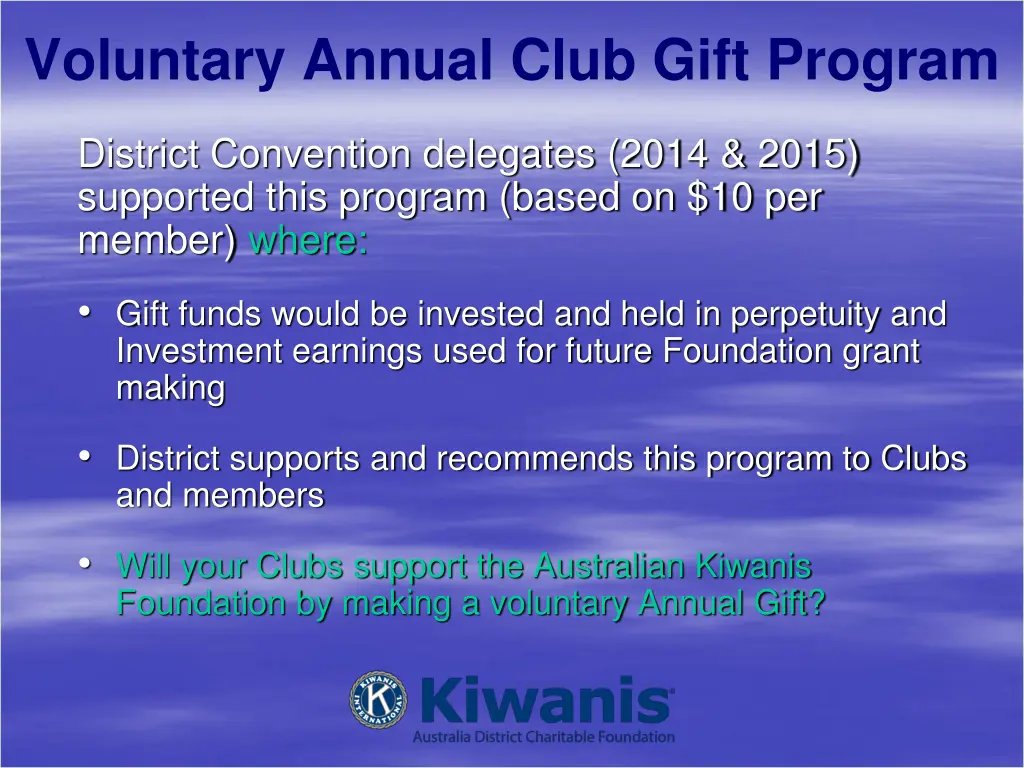 voluntary annual club gift program