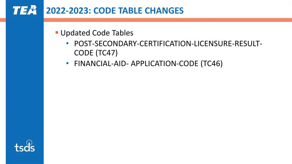 2022 2023 code table changes