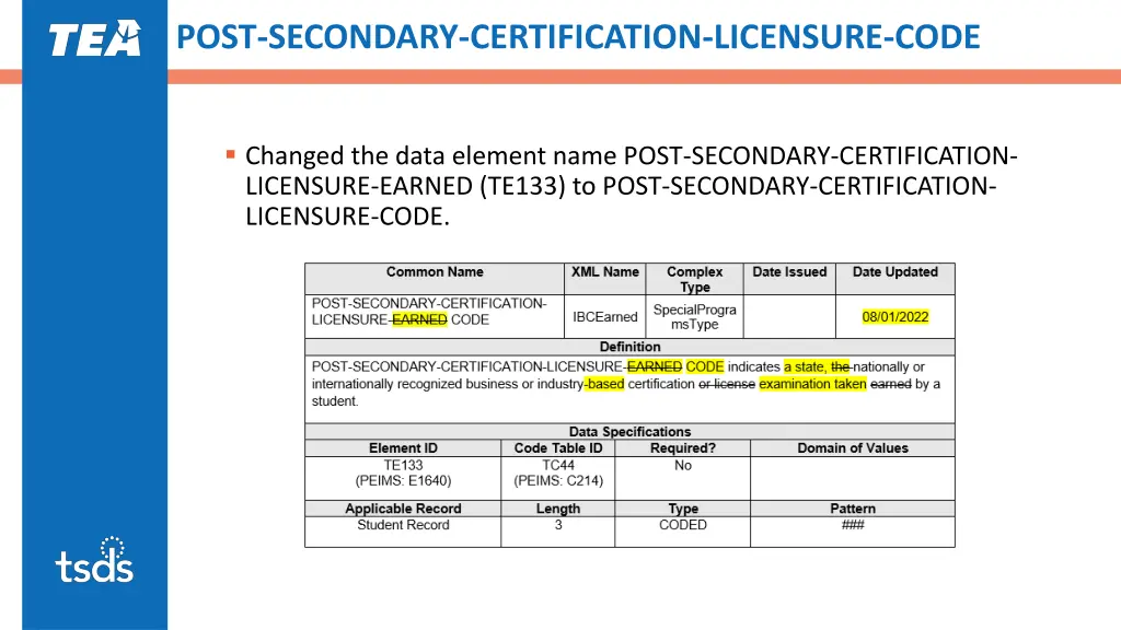 post secondary certification licensure code