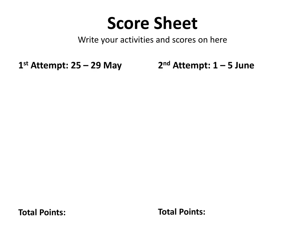 score sheet write your activities and scores