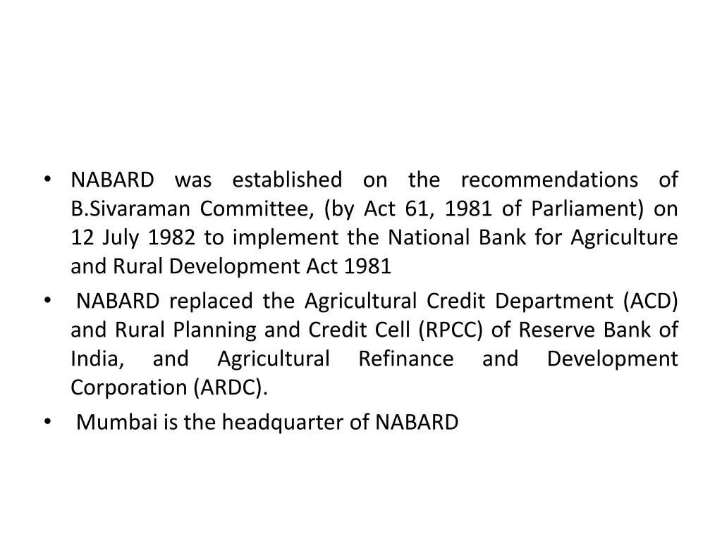 nabard was established on the recommendations