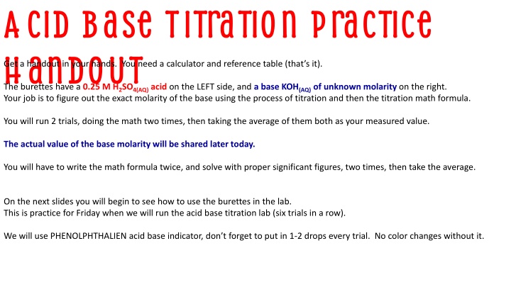 acid base titration practice handout the burettes