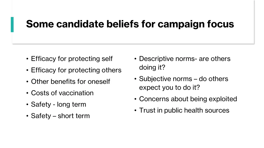 some candidate beliefs for campaign focus