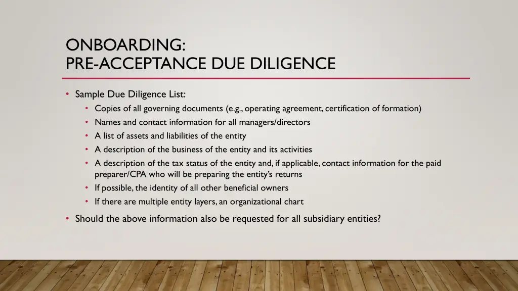 onboarding pre acceptance due diligence 1