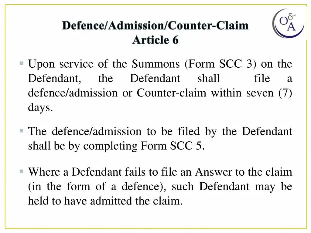 defence admission counter claim article 6