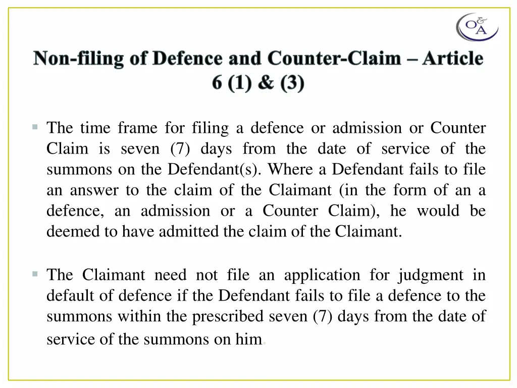 non filing of defence and counter claim article