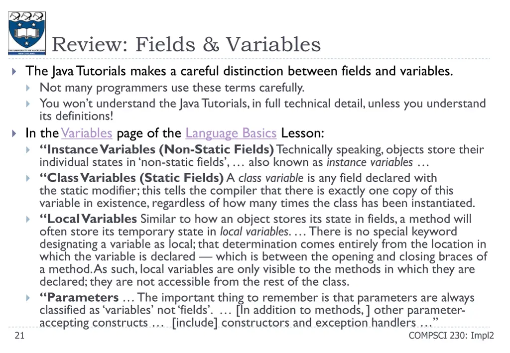 review fields variables