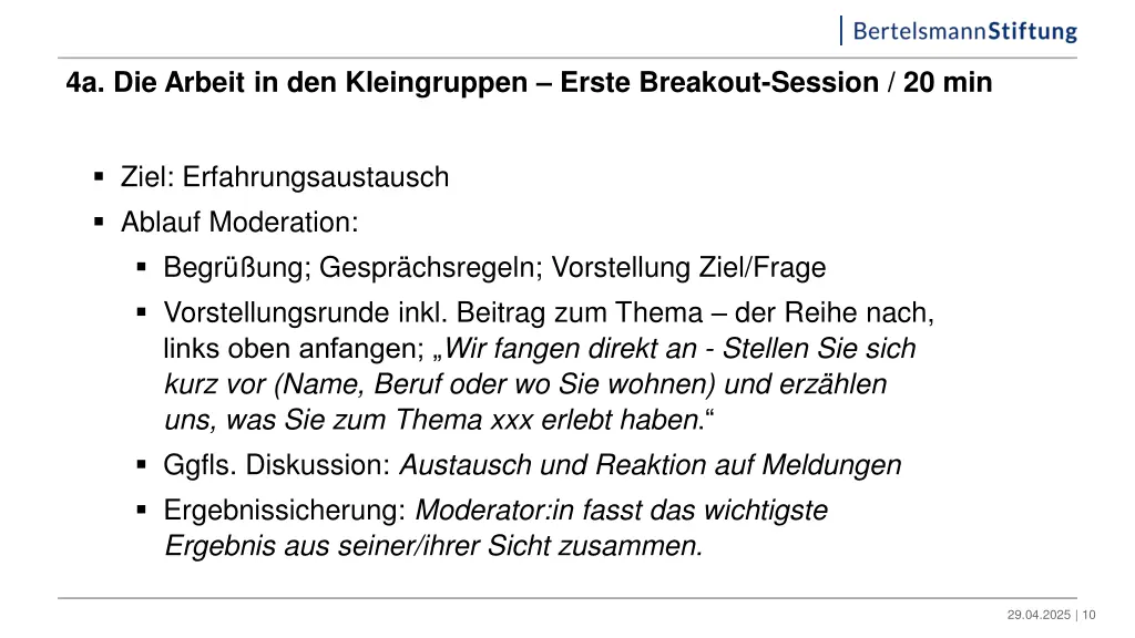 4a die arbeit in den kleingruppen erste breakout