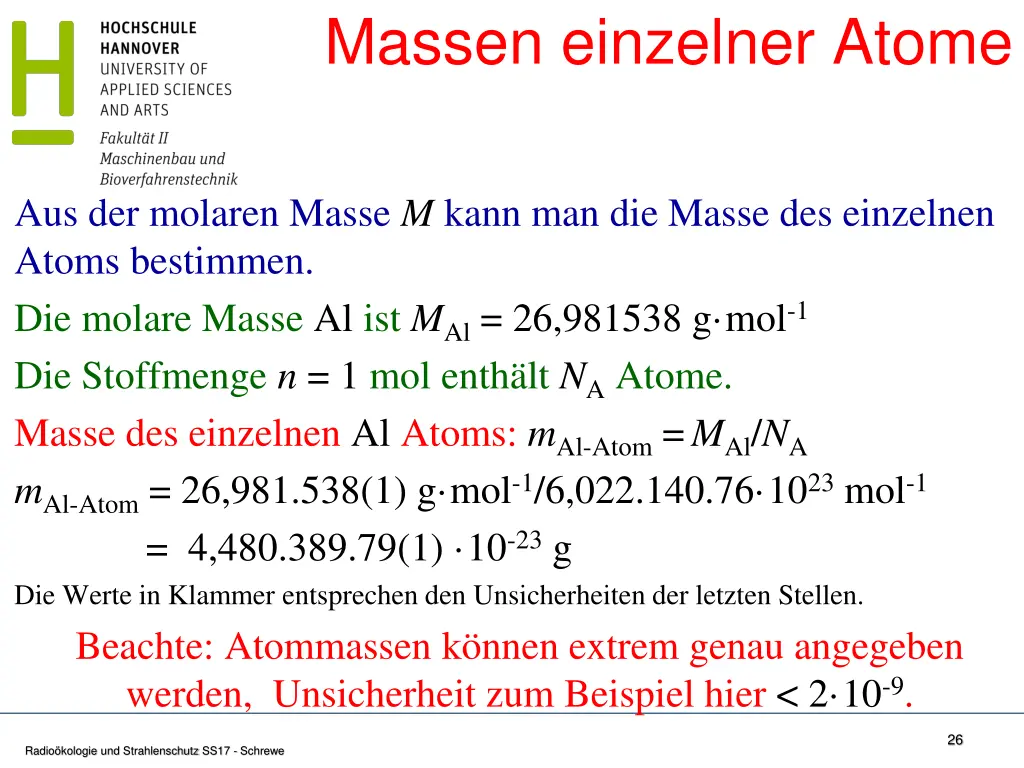 massen einzelner atome