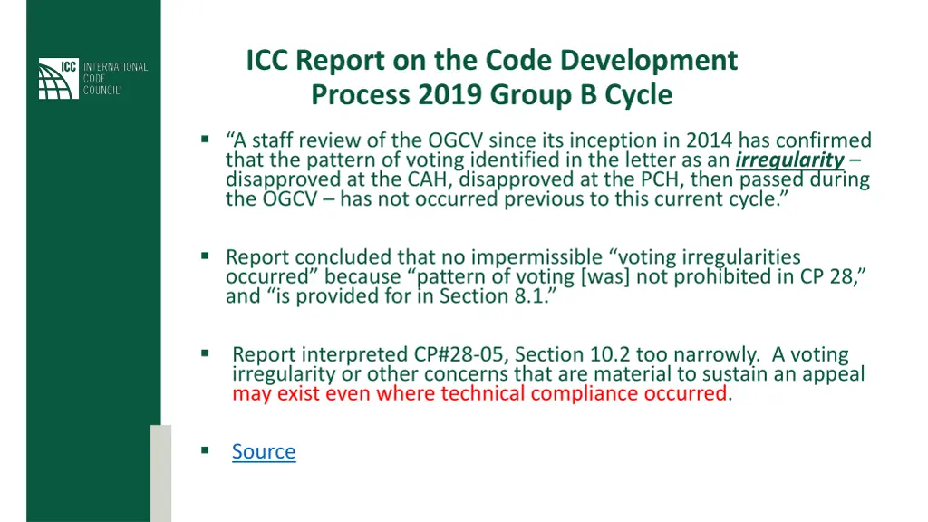icc report on the code development process 2019