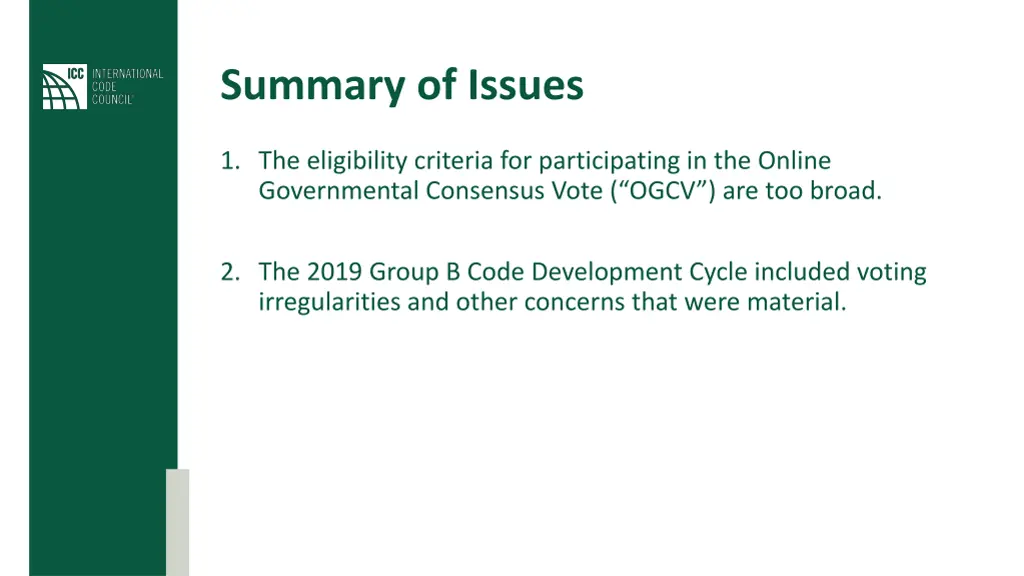 summary of issues