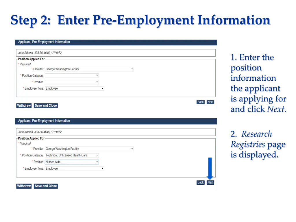 step 2 enter pre employment information