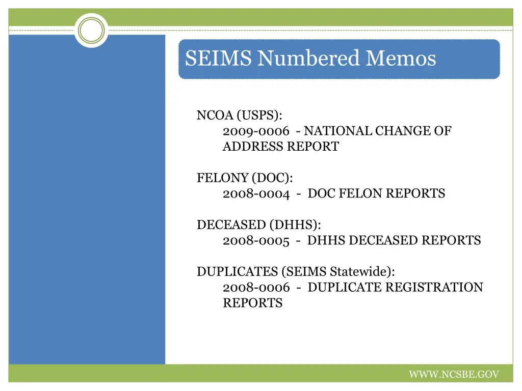 seims numbered memos