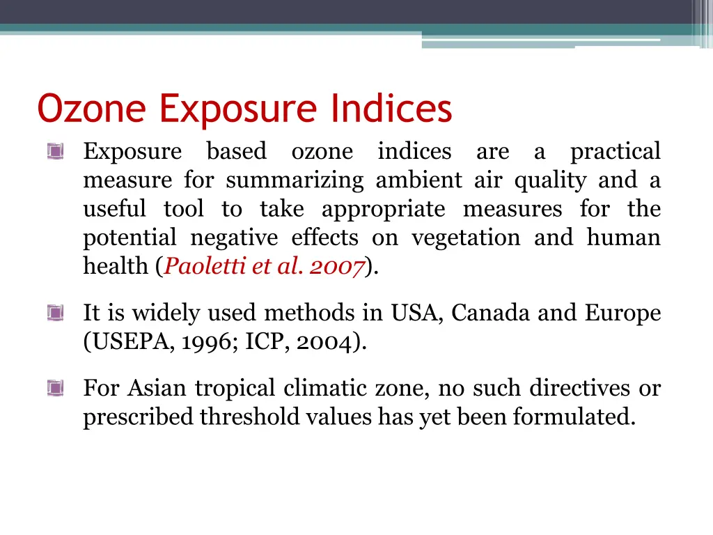 ozone exposure indices exposure based ozone