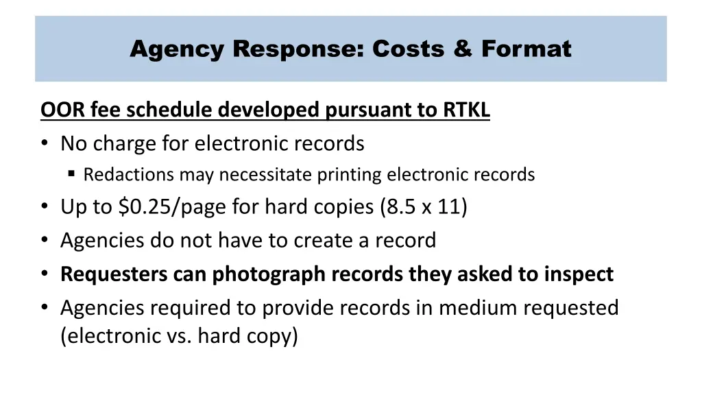 agency response costs format